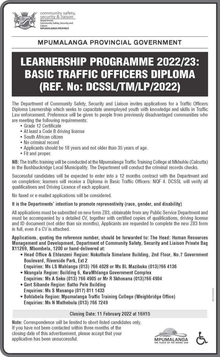 MpumalangaGov's tweet photo. Vacant posts in the Department of Community Safety, Security and Liaison in Mpumalanga Province, closing 11 February 2022 at 16:15...

Director posts, https://t.co/9FJQzb82KH

Learnership Programme 2022/23: Basic Traffic Officers Diploma, https://t.co/rZupfsItm8 https://t.co/Qa7U53Wco3