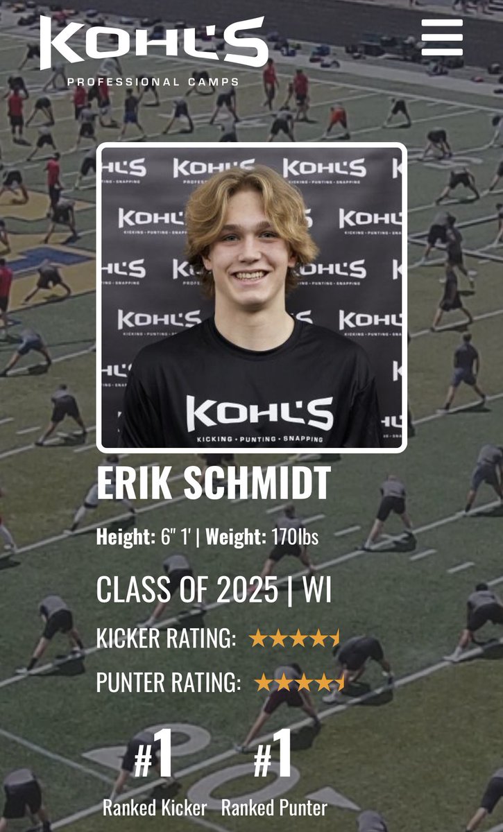 Erik_Schmidt22's tweet photo. After an amazing showcase down in Florida, I’m proud to say I’m the number 1 kicker and the number 1 punter in the nation for the class of 2025. https://t.co/Nh6Z3V5Jyo