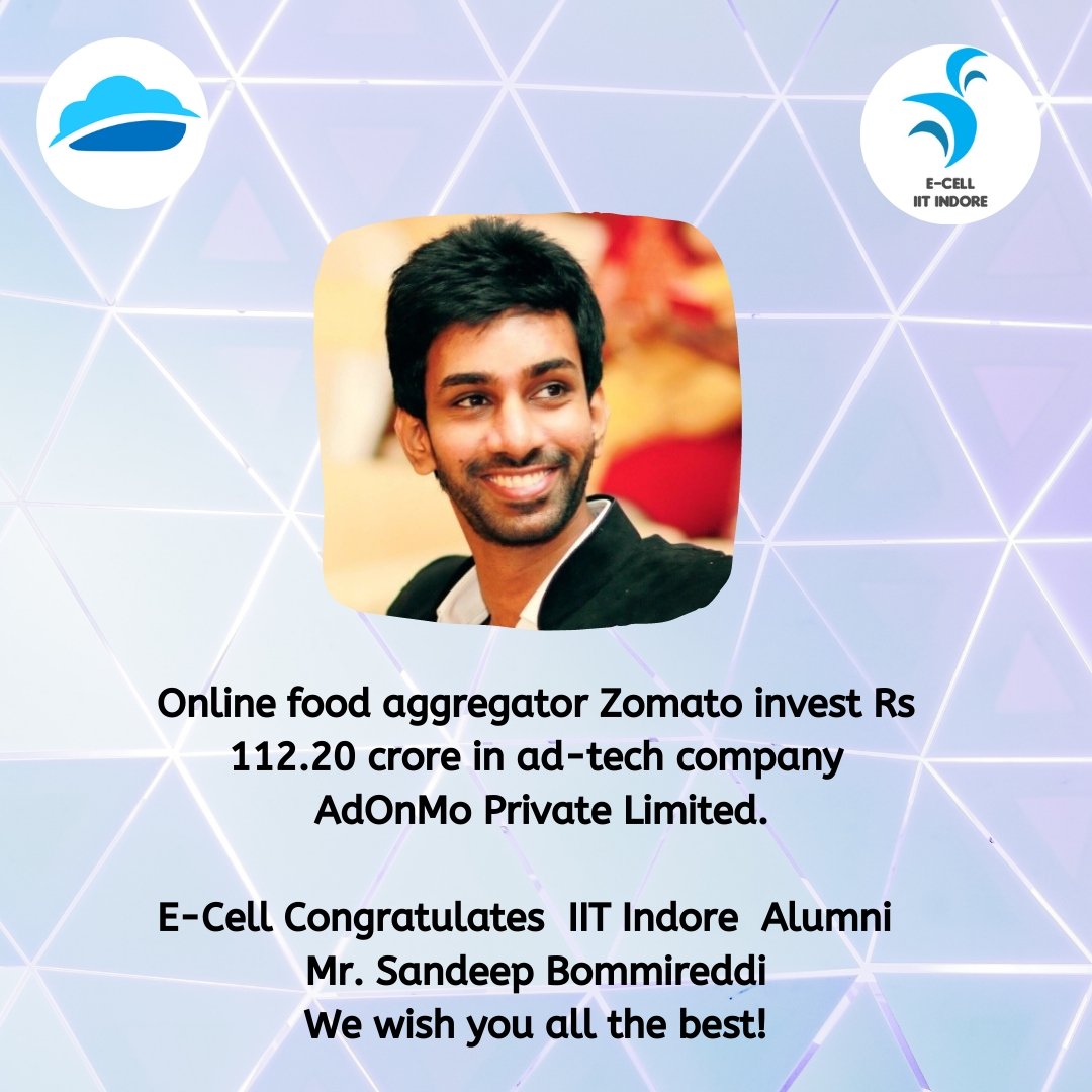 ecell_iiti's tweet photo. Hello everyone!! 
It's a very great news a start-up founded by our alumni Mr. Sandeep Bommireddi, .

Recently, Online food aggregator Zomato invested Rs 112.20 crore in AdOnMo Private Limited.

E-Cell congratulates and wishes AdOnMo the best for the future! https://t.co/Yp2k8JNkT4
