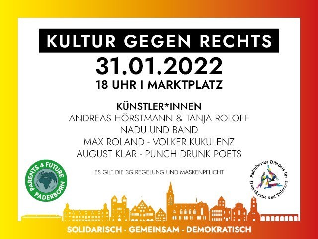 #KulturGegenRechts am Montag
Line-up: #AndreasHörstmann deutsche-botschaft.info - #TanjaRoloff - <a href="/ArtsNadu/">NaDu</a> nadumusik.de - #MaxRohland maxrohland.de - #VolkerKukulenz - #AugustKlar - #PunchDrunkPoets punchdrunkpoets.de
<a href="/Parents4futureP/">Parents4Future Paderborn</a> #Paderborn