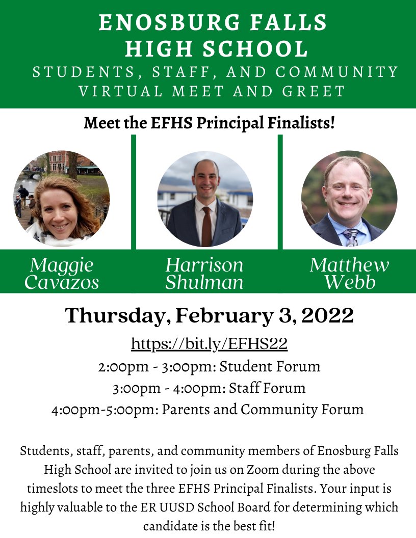 fnesu's tweet photo. Hello EFHS Staff, Students, and Families:
Please join us next Thursday, February 3rd for a virtual Meet and Greet with our Three EFHS Principal finalists. You will be able to get to know our finalists, ask any questions, and provide valuable feedback to the ER UUSD Board. https://t.co/csn2kZXxQD