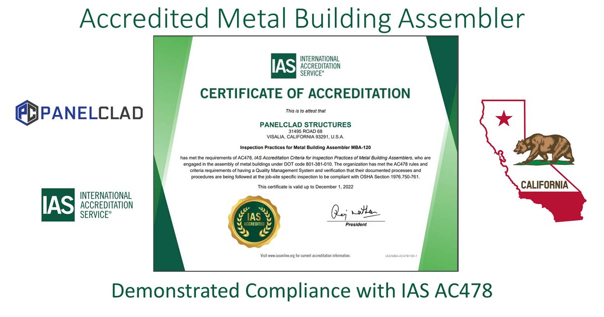 IntlAccredSvc's tweet photo. Congratulations Panelclad Structures in Visalia, California, for becoming an IAS Accredited Metal Building Assembler. Demonstrating competence with IAS AC478. https://t.co/Rpikk6hxHW #IASAccredited #AC478 #MetalBuildingAssembler #Panelclad https://t.co/zkwnqQtplh