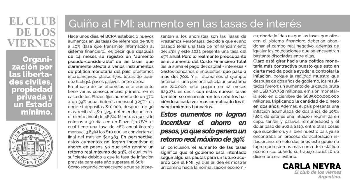 CdV_Argentina's tweet photo. Guiño al FMI: aumento en las tasas de interés

✍️🏻Por Carla Neyra @Carlanokk https://t.co/sac9D1y2Xa