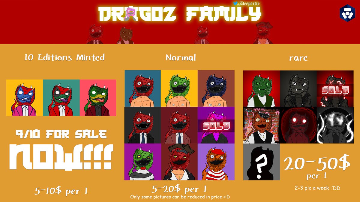 Deepertie's tweet photo. "Dragoz Family "    001-018 
4 Rare NEW DROP!! เข้ามาดูกันได้นะคาบบบ >:D
Available on #Crypto  
https://t.co/k8sxd85OZu
#NFTCommunity #nftcollector #NFTs #NFTcollection #NFTs #polygonNFT #NFTTHAILAND #NFTJapan #NFTartist #NFTdrop #Crypto #cryptocomnft #cryptocommunity #Cryptocom https://t.co/2PJw1vgDOI