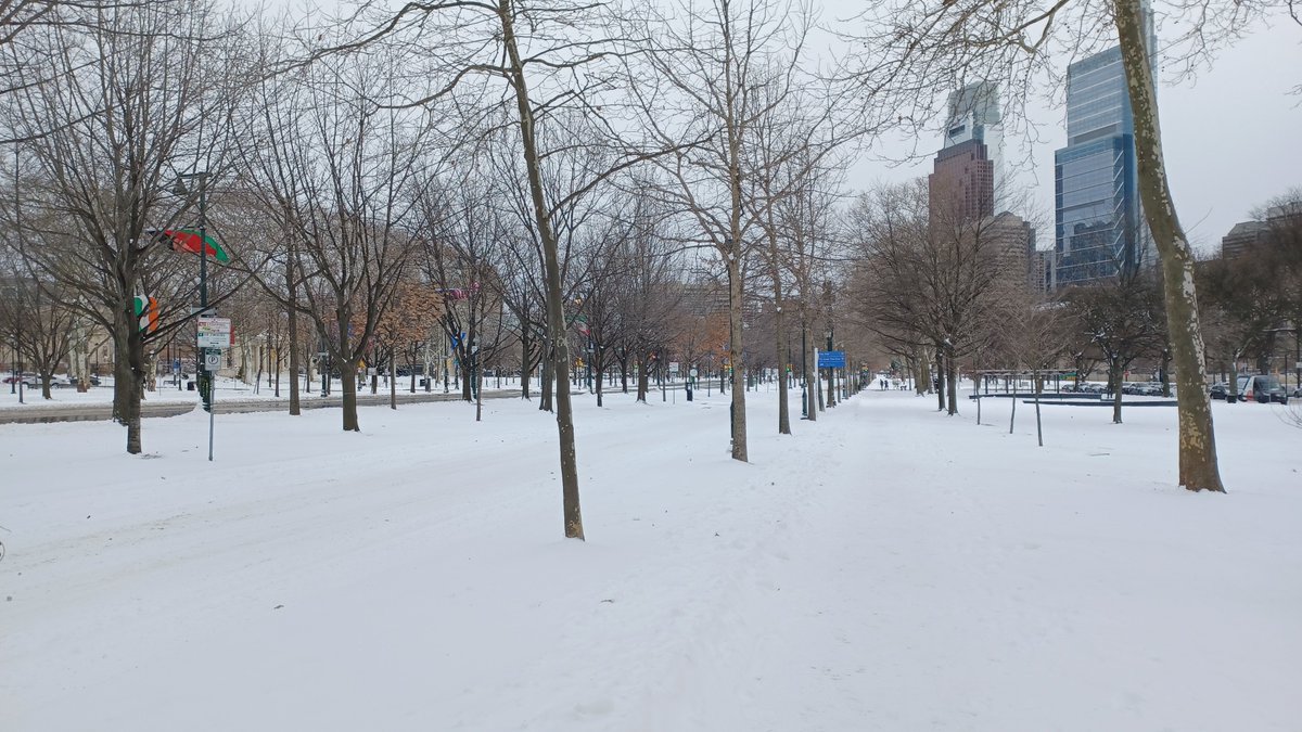 raschall's tweet photo. Snow gives us a view of a Ben Franklin Parkway with much more park than way. #sneckdown #SnowWay #snopenstreets https://t.co/EtAgK9ES3e