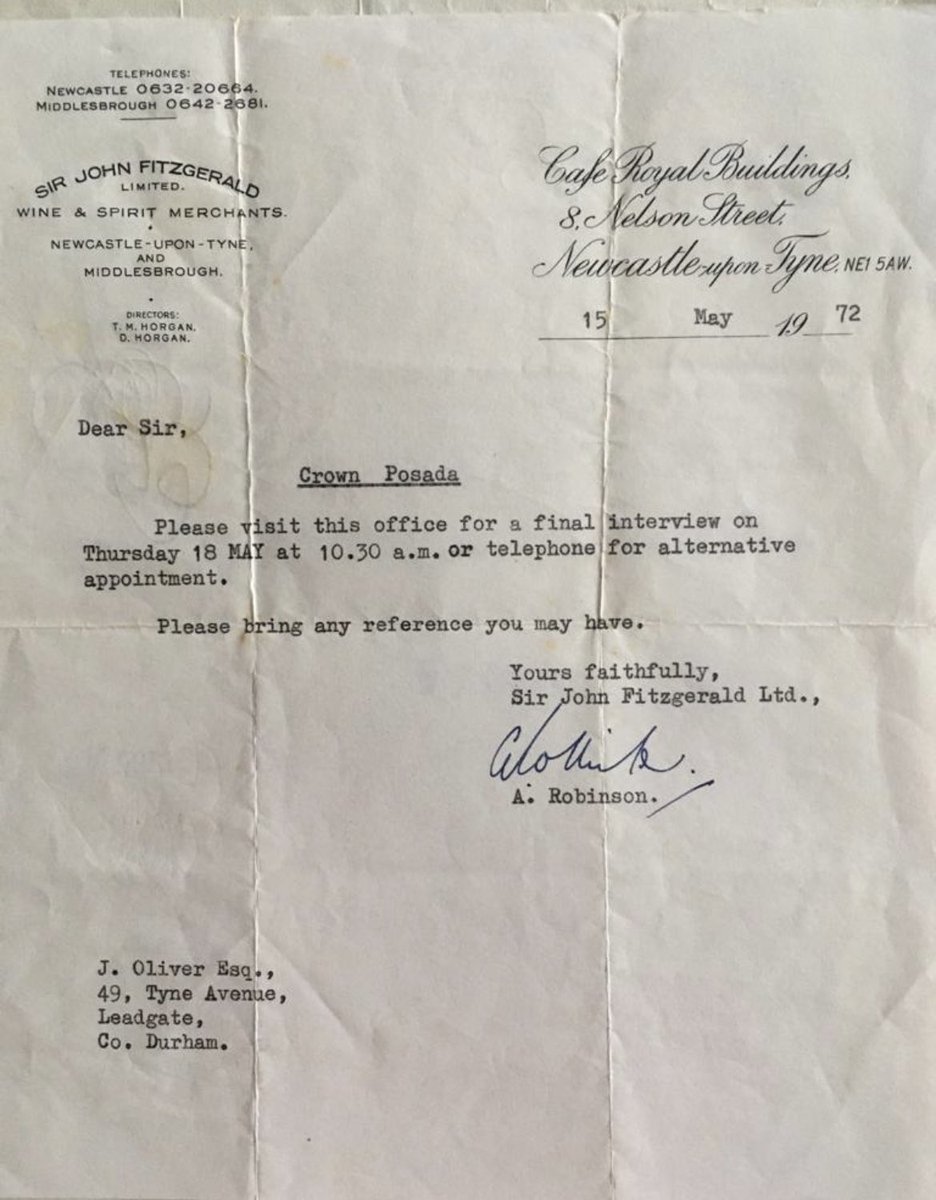 Recently came across this letter to my Grandparents inviting them to an interview at the <a href="/SJFCrownPosada/">Crown Posada</a> in 1972. Still the best pub in #Newcastle <a href="/Peajelly/">Paul Ellison</a> <a href="/stephendellison/">Stephen Ellison</a>