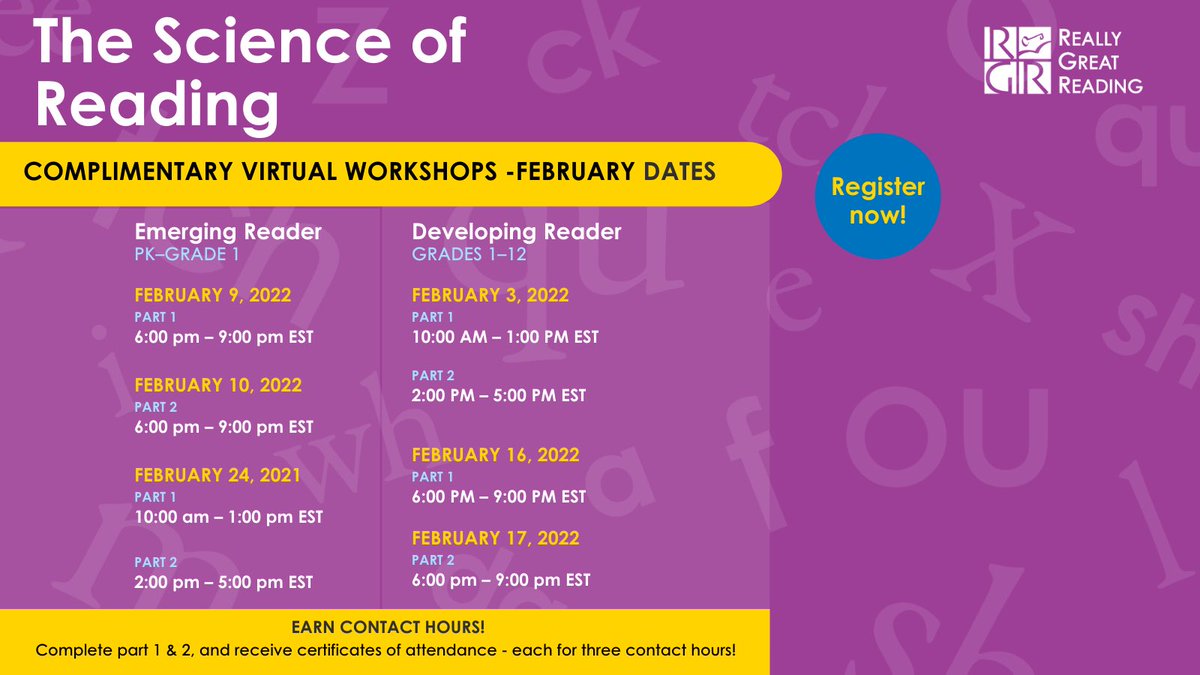 ReallyGreatRead's tweet photo. Our February schedule is here! 

Select the dates and times that works best for you to learn more about the Science of Reading. Educators attend on a complimentary seat. 

Register: https://t.co/Bjiph9zuhe https://t.co/mYNkRpFF4s