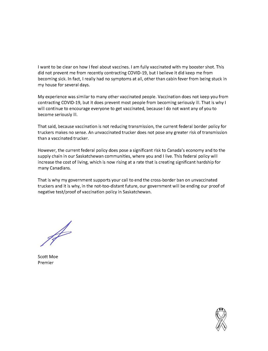 Today, trucker rallies are being held at many locations across the country, including on Parliament Hill in Ottawa and in various communities in Saskatchewan.  

Here is my message to Saskatchewan and Canadian truckers: