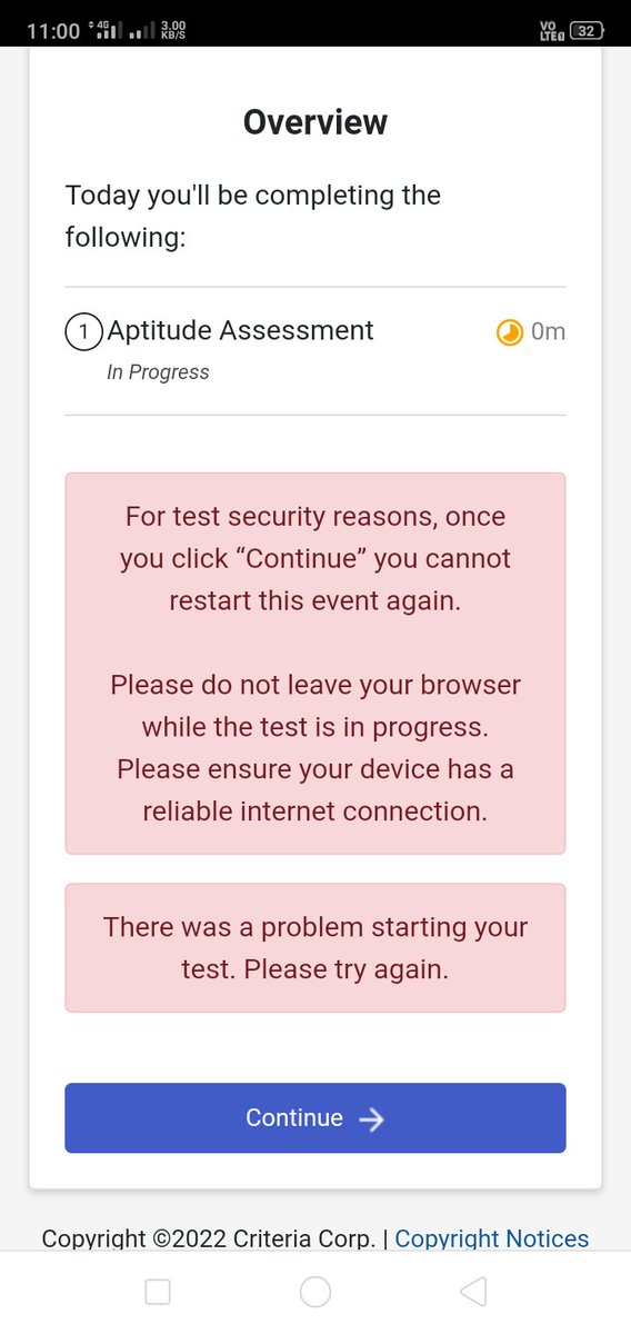 pradeep_p11's tweet photo. @Crossover4Work While attending exam got call so it's dissconnected and after tried but getting below error ,refer screenshot , please help https://t.co/jp44SPlCdr