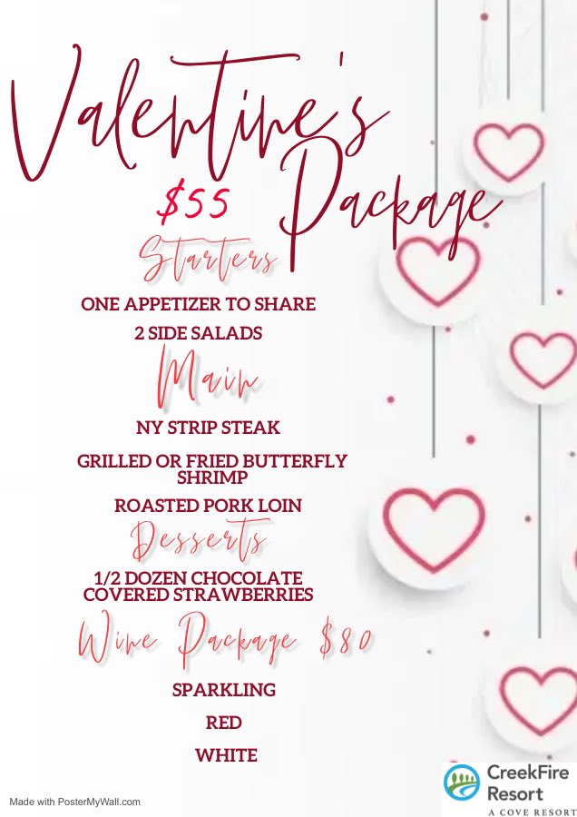 Check out of Valentine’s Day Package at the LakeHouse Restaurant on Saturday, February 12, 2022! There are so many delicious options to pick from. Don’t forget you can upgrade to the Wine Valentine’s Day Package and get an entire bottle of wine to share 🍷