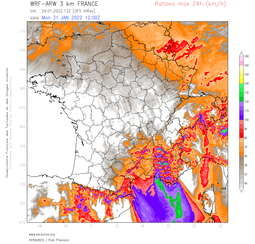  Lundi et mardi, un épisode de #mistral tempétueux est attendu dans le sud-est, d'abord sur l'ouest du Var puis dans son domaine près du Rhône avec des rafales de 100/120 km/h localement plus de 130 km/h sur le relief. 