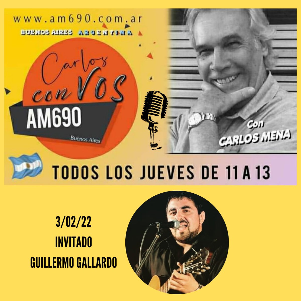 Guille_Gallardo's tweet photo. Este Jueves, los espero junto al Gran Conductor y Actor #carlosmena, en una nota donde no va a faltar la buena música y la charla. CARLOS CON VOS!!! 3/02/22 de 11 a 13 por #am690 https://t.co/pQCFF4Vi4z