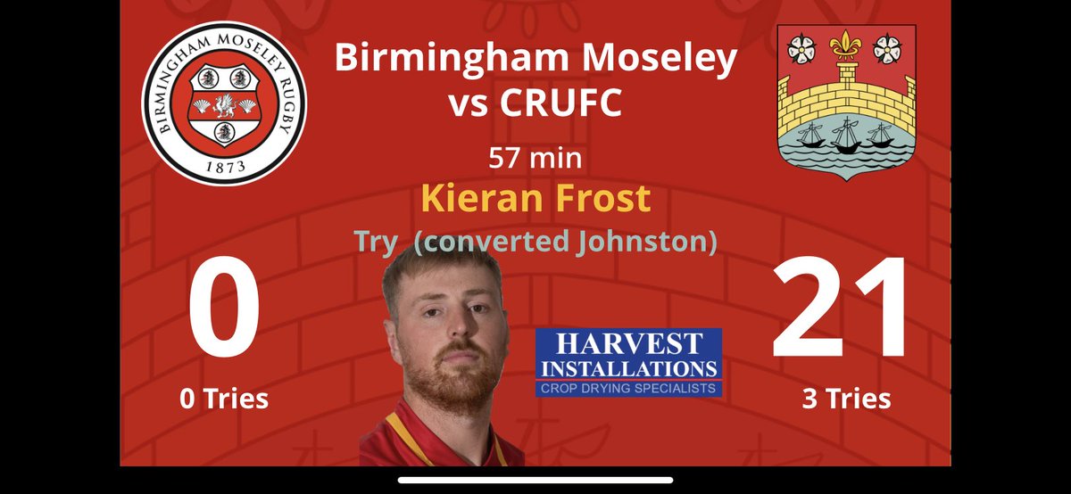 camrufc's tweet photo. 57 min: Converted try scored by Kieran Frost
@kieranfrost24 is kindly sponsored by @harvestinstalls
Score: @MoseleyRugbyFC 0 - 21 @camrufc
#MosCam #coybas https://t.co/J8InCMXpk4