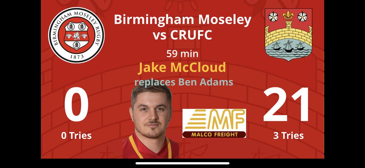 camrufc's tweet photo. 58 min: Jake McCloud comes on to replace Ben Adams
Jake is kindly sponsored by @malcofreightltd
Score: @MoseleyRugbyFC 0 - 21 @camrufc
#MosCam #coybas https://t.co/eWATCkvrn0