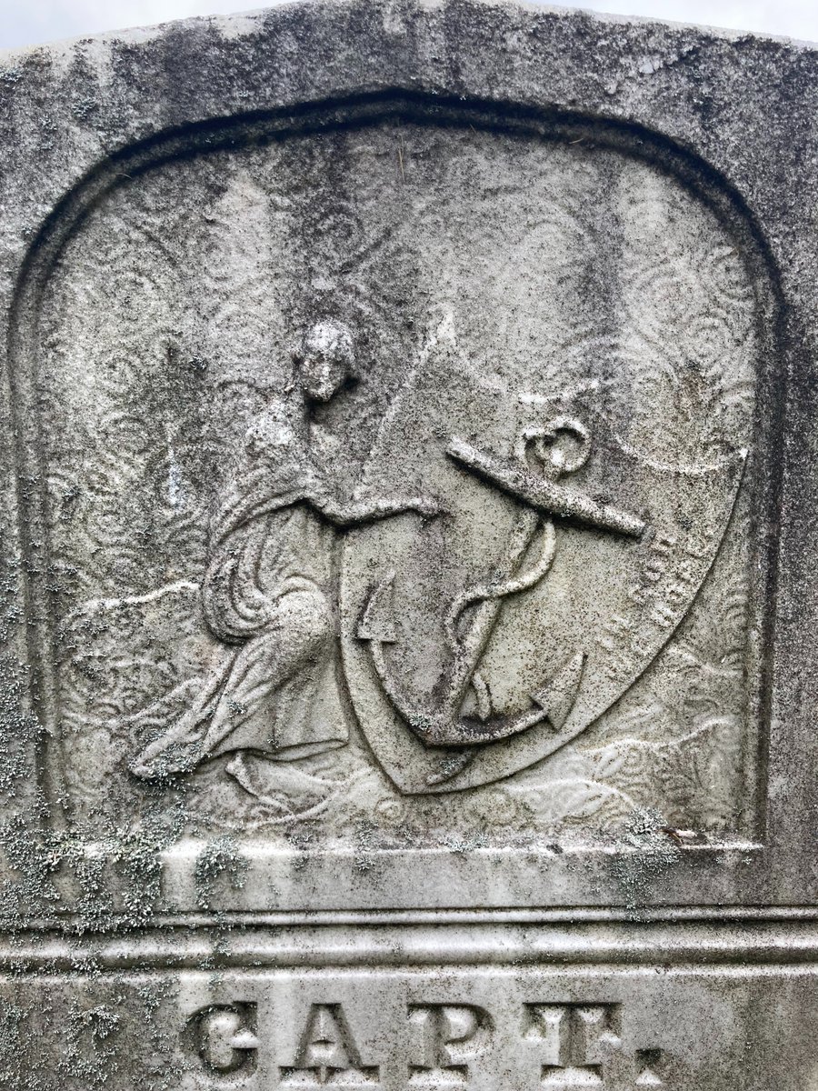 iamtherockghost's tweet photo. The #grave marker for Capt. James Sherman of Camden, #Maine.  The #anchor and the #waves #motif echo his occupation and drowning.  The #shield is inscribed with "In God we hope." #NewEngland #cemetery https://t.co/dJ0L0Sl2pr