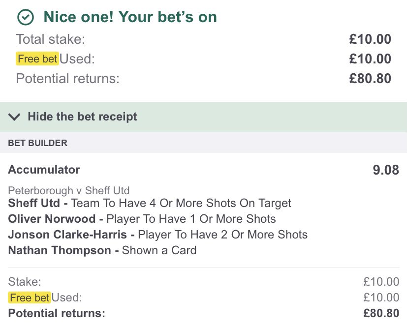 BadManBetting's tweet image. 🔨 P’Boro vs Sheff Utd Bet Builder!

Load here: bit.ly/PUFCSHU-BB

• Sheff Utd 4+ shots on target 
• Norwood 1+ shots
• Clarke-Harris 2+ shots
• Thompson carded 

I’ve thrown a £10 free bet on it, keep it sensible if you’re jumping on.

(18+, gamble responsibly)