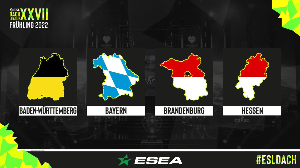 Die ersten vier Teams der #ESLDACH League XXVII:

<a href="/wurttembergcsgo/">Baden-Württemberg</a>
<a href="/TeamBayernCSGO/">Team Bayern</a>
<a href="/BrandenburgCSGO/">TeamBrandenburg</a>
<a href="/HessenCSGO/">TeamHessenCS2</a>

Wem drückst du die Daumen? 💪

#CSGO #ESL #ESEA #ESPORT