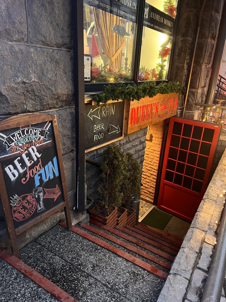lesiavasylenko's tweet photo. Exhibit B: Queen’s Pub. All you need is #Beer #Food and #Fun says the sign. Don’t really think that’s what ppl will look for in case of need #StatusUkraine https://t.co/qeAN4SGF2A