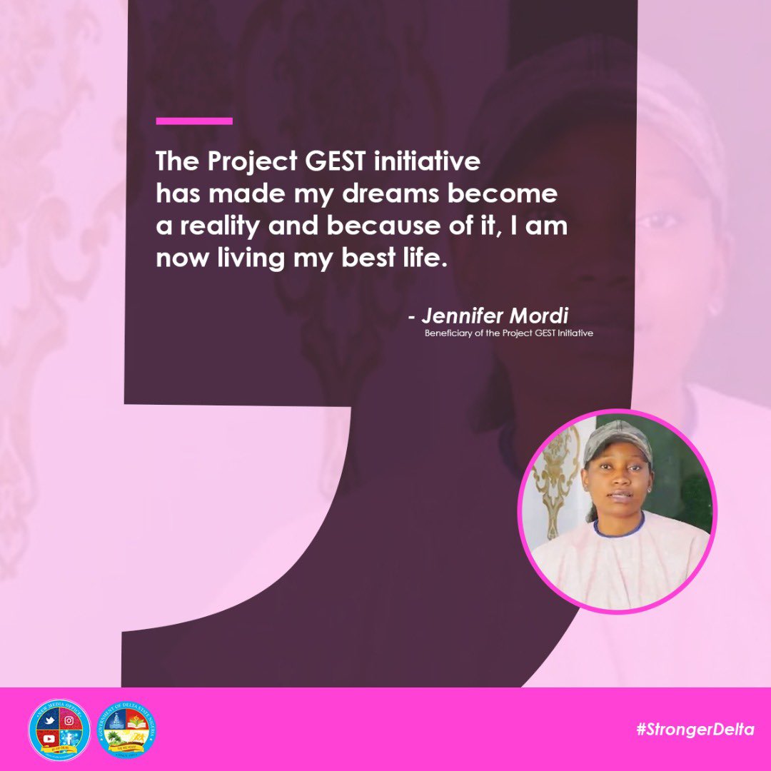 DSGovernment's tweet photo. “The Project GEST initiative has made my dreams become a reality!” - Our #BeneficiaryOftheWeek Jennifer Mordi speaks about the impact of the Project GEST initiative.
#StrongerDelta https://t.co/9jY7w2HSfM