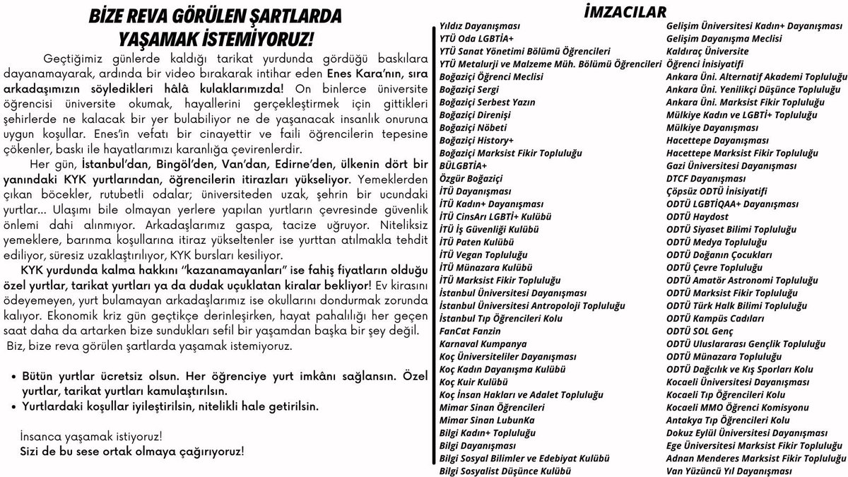 Bize reva görülen şartlarda yaşamak istemiyoruz!
Ücretsiz barınma haktır!
#öğrencilerinalacağıvar