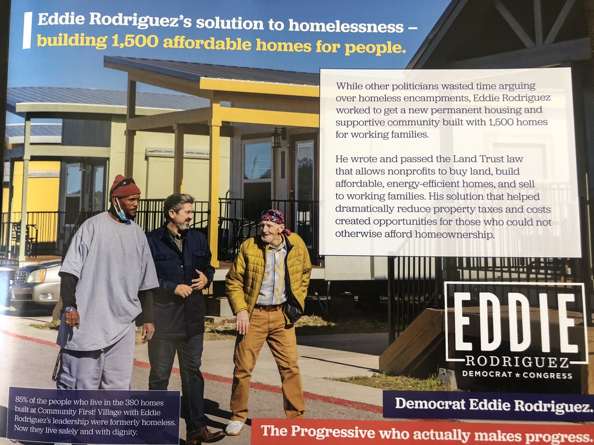 PatrickSvitek's tweet photo. In the #TX35 Democratic primary, @EddieforTexas has a mail piece out contrasting with @GregCasar on affordable housing, criticizing him over the "disastrous ordinance lifting the ban on tent cities in Austin": https://t.co/YQi8Rys0PQ