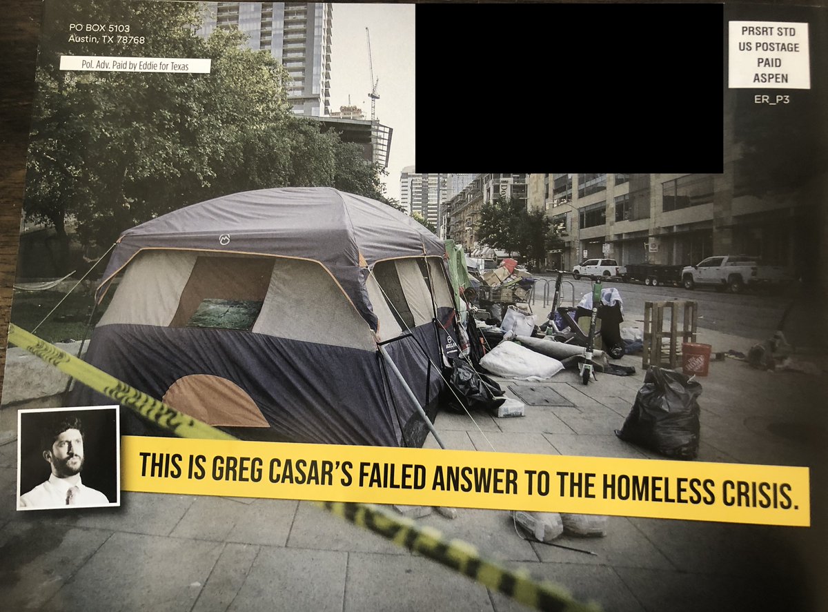 PatrickSvitek's tweet photo. In the #TX35 Democratic primary, @EddieforTexas has a mail piece out contrasting with @GregCasar on affordable housing, criticizing him over the "disastrous ordinance lifting the ban on tent cities in Austin": https://t.co/YQi8Rys0PQ