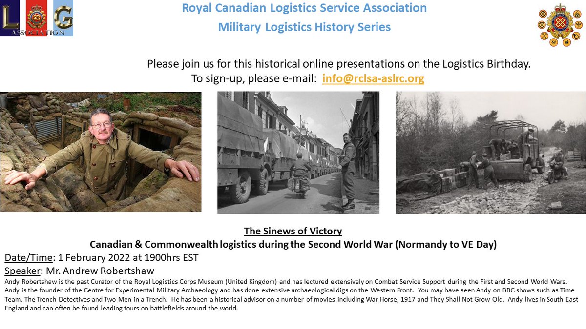 RCLSAssoc's tweet photo. Last chance to register for @andyrobertshaw1 talk on Canadian/Commonwealth Logistics of the Second World War, please DM / register at: info@rclsa-aslrc.org #logbirthday @CanadianForces @CanadianArmy @ARC_RCAF @Comd_RCN @2divca_2candiv @3CdnDiv3DivCA @4CdnDiv4DivCA @5CdnDiv_5DivCA https://t.co/gbxNGJCXTp