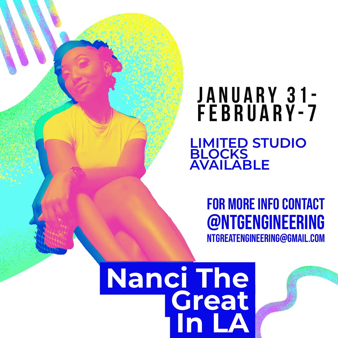 nancithegreat's tweet image. LA!!! I will be there for next week working but I still have a few slots open! If you are trying to lock in with some studio time or you need a mix/master let’s get some time in! DM me for more details. Also tag some studios I should check out! I’m pulling up! #ntgengineering