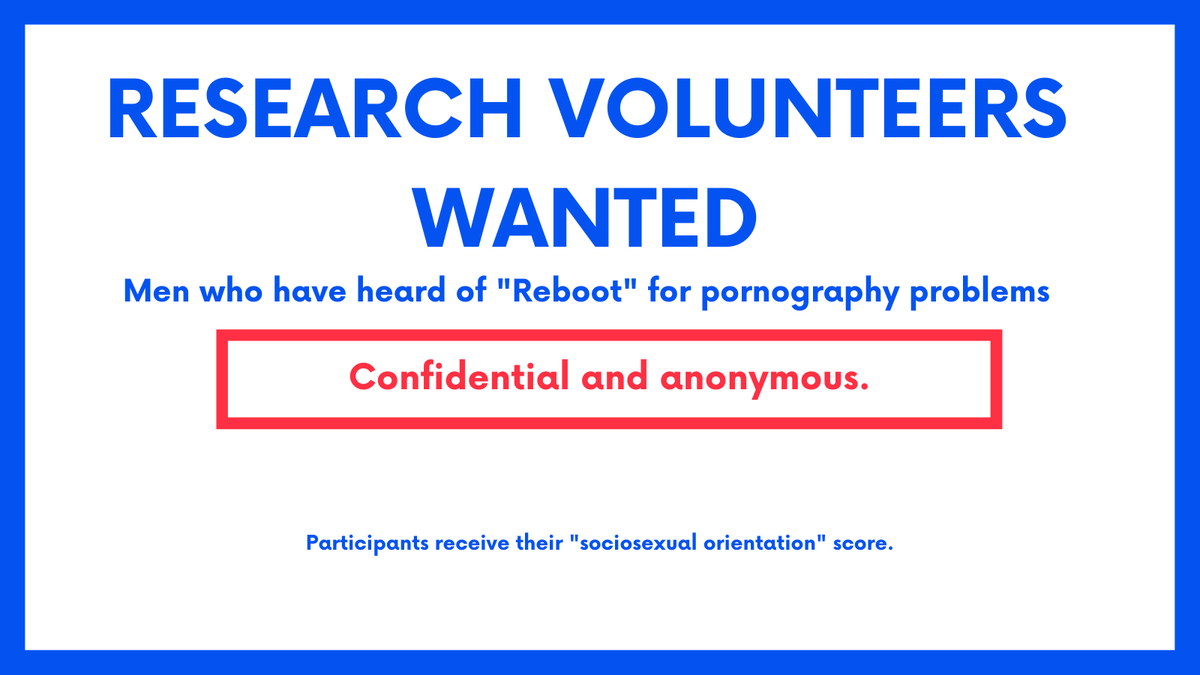 StudyReboot's tweet photo. @ExodusCry We are looking for volunteers for an academic study of Reboot/NoFap approaches to porn and/or masturbation. If your followers would like more information: https://t.co/mzHtzJyCvw
#Reboot #PMO #NoFap #pornographyaddiction https://t.co/qlHhuwZhCd