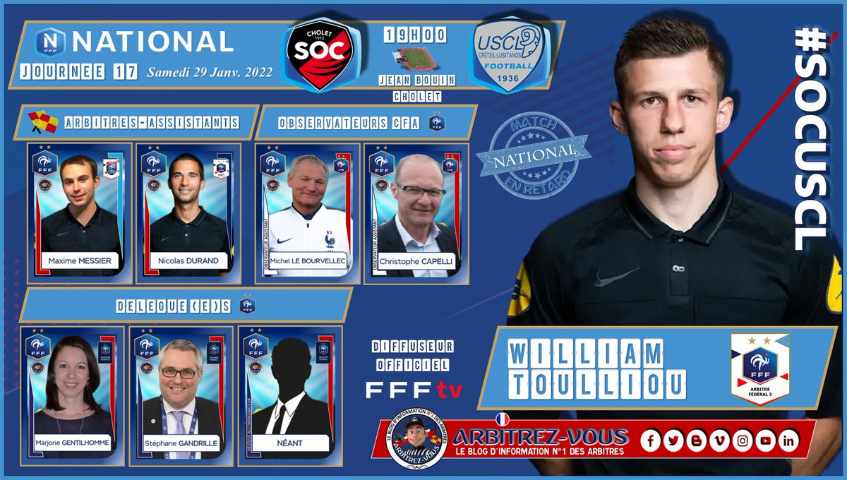 ArbitrezVous's tweet photo. 🐓 #FFF #NationalFFF - Journée 17
#⃣ #SOCUSCL - Match en Retard
⚽️ @SOCholet 🆚 @uscl_football
🗓️ 29/01/2022
🕖 19h00
🏟️ Stade Jean Bouin - CHOLET
📺 FFFTV ▶️ https://t.co/psA99t3Ia2
ℹ️ https://t.co/yY3bhctDhx
@ArbitresSAFE @UnafArbitres @FFF @lequipe https://t.co/zdDwNriuNB