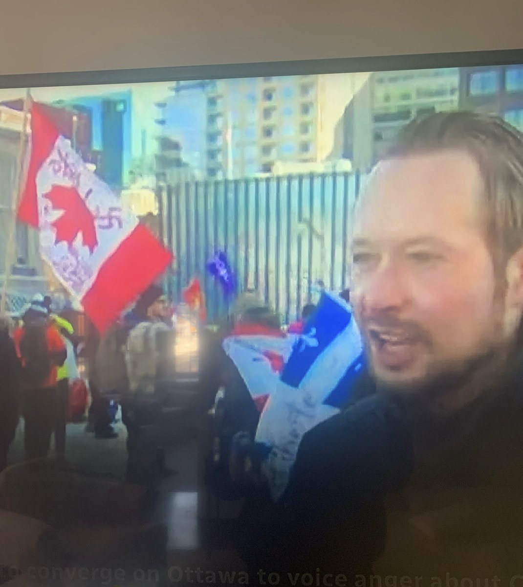 Chris_Bittle's tweet image. Conservative Member of Parliament Michael Cooper, supporting the anti-vaxx convoy being interviewed in front of a swastika. 

Just a normal, peaceful protest.