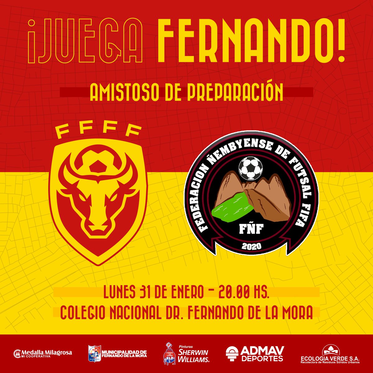 FFFF_Futsal's tweet photo. ¡Amistoso de Preparación! 👊🏽

Nos preparamos de cara a las Eliminatorias para el #CampeonatoNacional a disputarse en Presidente Hayes.

🆚 Federación Ñembyense
⌚ 20.00 hs.
🏟️ Colegio Nacional Dr. Fernando de la Mora.
🎟 Entradas gratuitas.

#ElToroFernandino 💛❤️ https://t.co/2zMKGsfVze