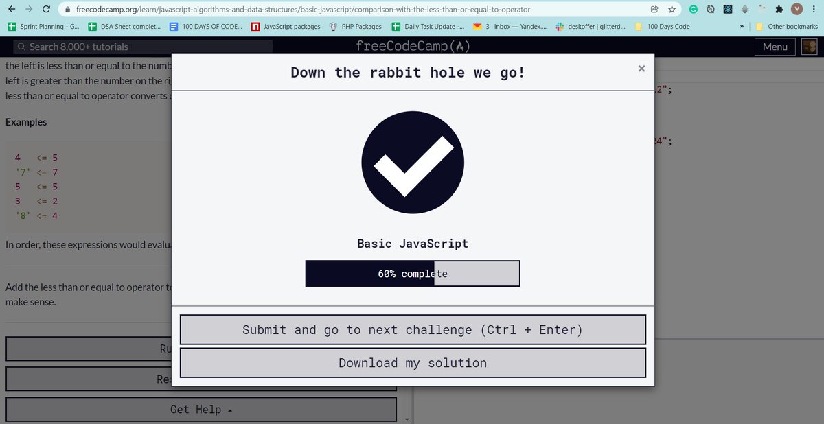 vikas_hirave's tweet photo. Day 7 Of #100DaysOfCode 

: Today I have completed 60% of Basic javascript  exercises at https://t.co/weReFAoo9x 
#100daysofcodechallenge https://t.co/G2h2nm4tMf