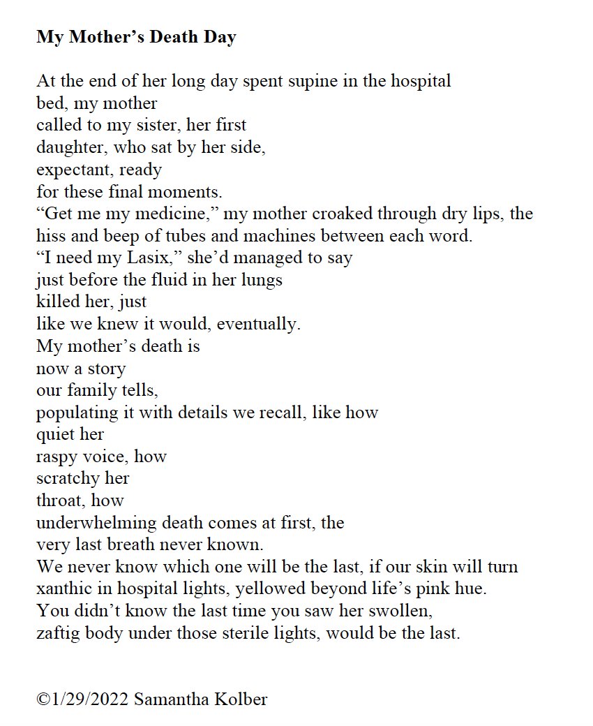 Today is the day my mother died seven years ago, so I wrote a poem. An abecedarian. Sharing the screenshot since it's not published anywhere as a link yet. RIP, mom. #poetry #poetrycommunity #newpoem #griefpoem