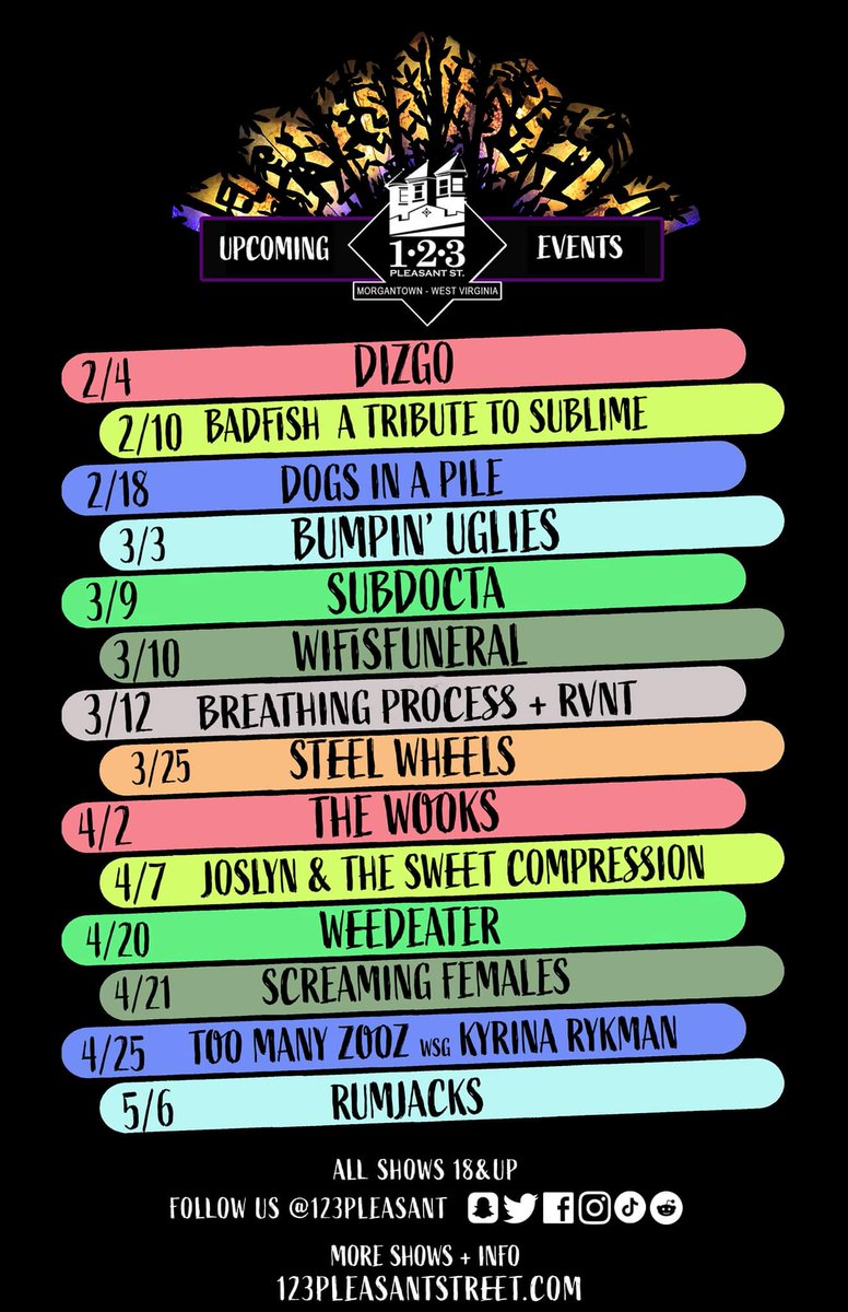 RT for a chance to win 2 tickets to any concert on this poster!! 
#123pleasant #Morgantown #WestVirginia #WVU
<a href="/DizgoBand/">DIZGO 🪩</a> <a href="/badfish_sublime/">Badfish</a> @dogsinapileNJ <a href="/BumpinUglies/">Bumpin Uglies</a> <a href="/subdocta/">SubDocta</a> <a href="/wifisfuneral/">Wifisfuneral</a> <a href="/thesteelwheels/">The Steel Wheels</a> <a href="/weedmetal/">WEEDEATER</a> <a href="/Screamales/">Screaming Females</a> <a href="/TooManyZooz/">TOO MANY ZOOZ</a> <a href="/Rumjacks/">The Rumjacks</a> <a href="/musictoearsWV/">Music to Your Ears</a>