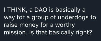 superdao_co's tweet image. This is our favorite new definition of DAOs 🤩 Thanks, @eeehson!