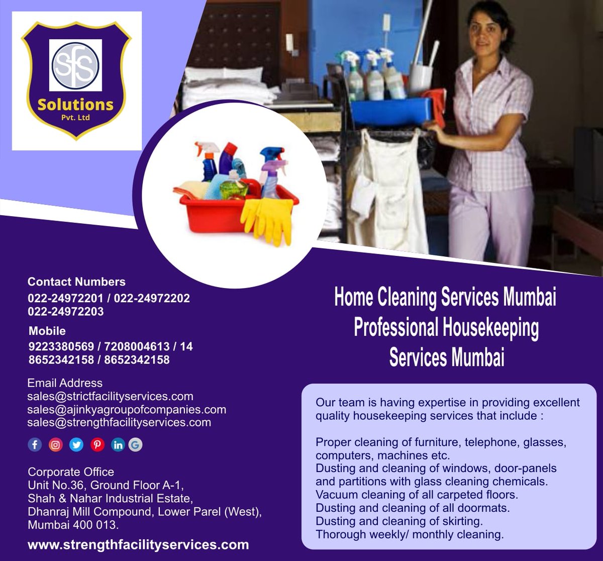 sfs_groups's tweet image. Strength Facility Services - High-quality housekeeping services using advanced techniques.
strengthfacilityservices.com 
Call us at :  8652342158 / 9223380569  /7208004613 
#Cleaning #Securityagency #TopSecurity #CorporateSecurity #CommercialSecurity #ResidentialSecurity #Housekeeping