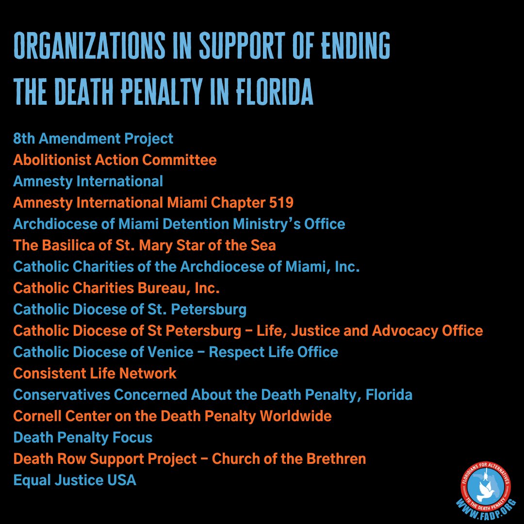FADPorg's tweet photo. Do you see your organization’s name on this list? If not, now is your chance to add it! Please take a moment to add your group this list in support of ending the death penalty in #Florida. visit https://t.co/HtA4SnmwRI! https://t.co/NFEr1I9t02