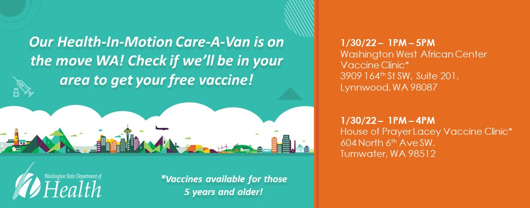 WADeptHealth's tweet photo. This week make a date to vaccinate! Here's our schedule of upcoming DOH Care-A-Van COVID vaccination events. Vaccines are available for those 5 years and older. #HealthInMotion #GetVaccinated #CareAVan https://t.co/wGOZ0vYx4W