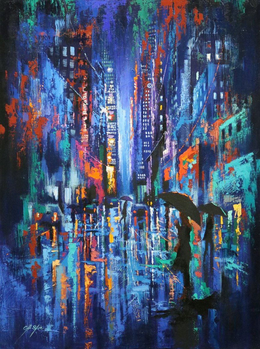 #picoftheday ~ Chin Shin "Blue Rain and Times Square" 40" x 30" Oil on Canvas #art #buyart #painting #timessquare #newyork @chinshinfineart #cityscape