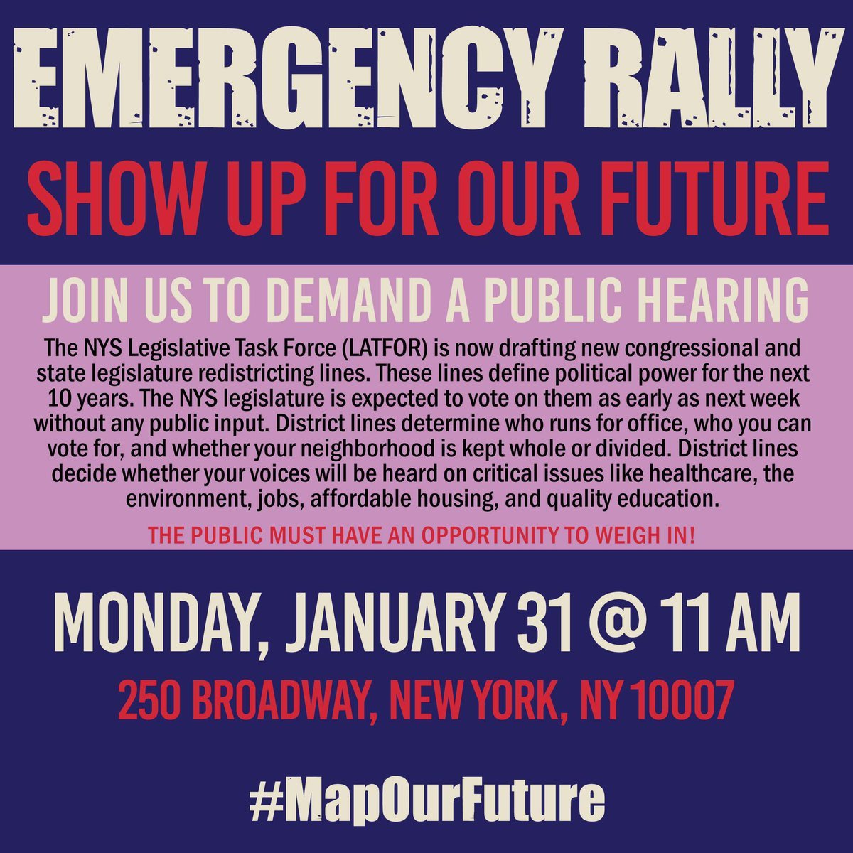 AAFederation's tweet photo. 🚨Emergency Rally!
Show Up For our Future and give our marginalized communities a voice! Join us on Monday 1/31 @ 11am, at 250 Broadway to demand #LATFOR hold a public on its new district lines before @GovKathyHochul
signs them into law. #MapOurFuture
@NYSenate @NYSA_Majority https://t.co/DrWxFR9qKu