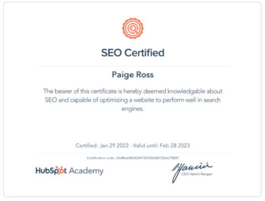 PaigeRoss1's tweet photo. Completed the @HubSpotAcademy SEO course! #BMC382 https://t.co/ZHwijYz34r