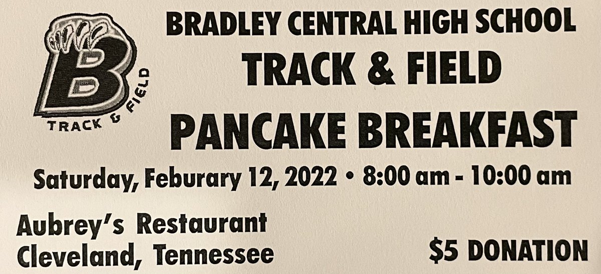 Mark your calendars for the <a href="/BCBearsTrack/">BC Track and Field</a> Pancake Breakfast! 
Saturday, February 12th, 2022, 8:00-10:00am. 
This is our biggest fundraiser of the year. Please come out to support these student athletes and help them have a great season!! 🖤💛🐻 #Beartrackers