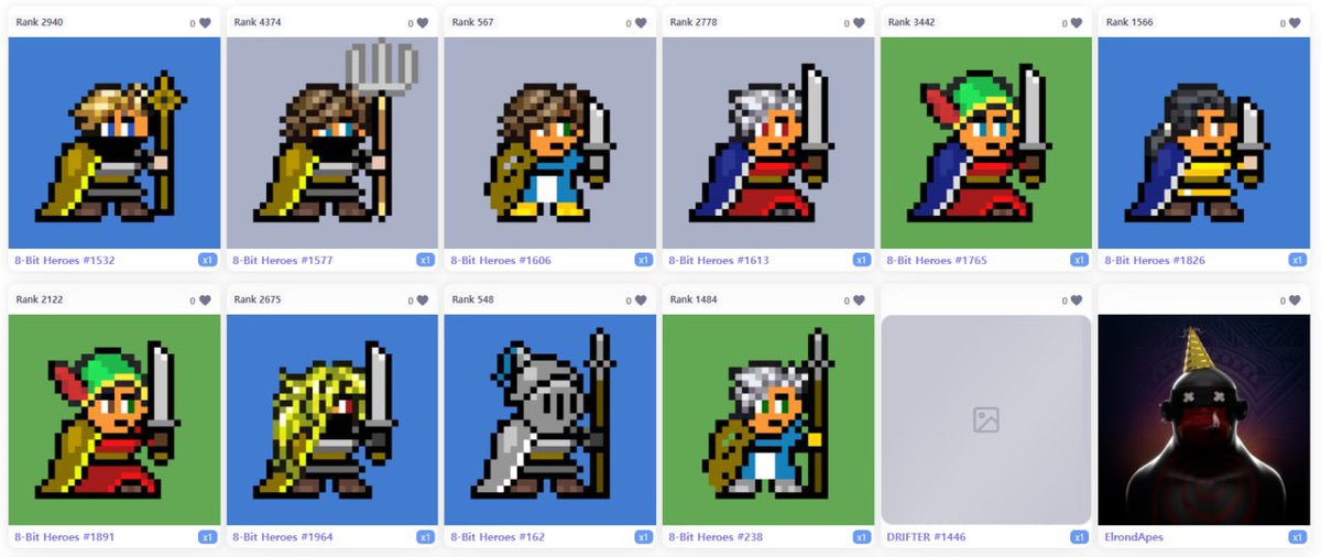 jaysson's tweet image. #8BitHeroes 
8개를 추가로 민팅해버렸다
근데 순위가 별로야......

그래도 FP만 올라준다면....😋

#EGLD #NFTs #Elrond #drops