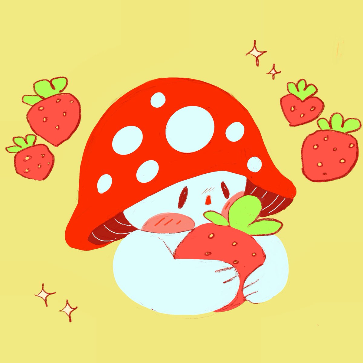 Mushroom boy loves his strawberries 🥰🍄🍓