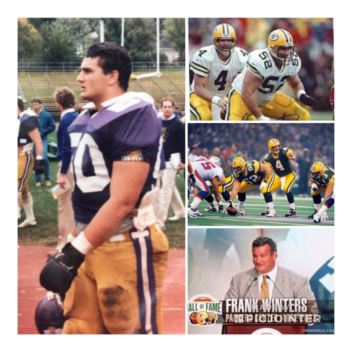 Frank Winters 6’2 250 Center had one offer out of JUCO…Western Illinois.  16 years in the league, drafted by the Browns, also played with the Giants, Chiefs and Packers. Was Brett Favre’s Center for 11 years.  Super Bowl Champ, Pro Bowler, Packer Hall of Famer. #PoundTheRock