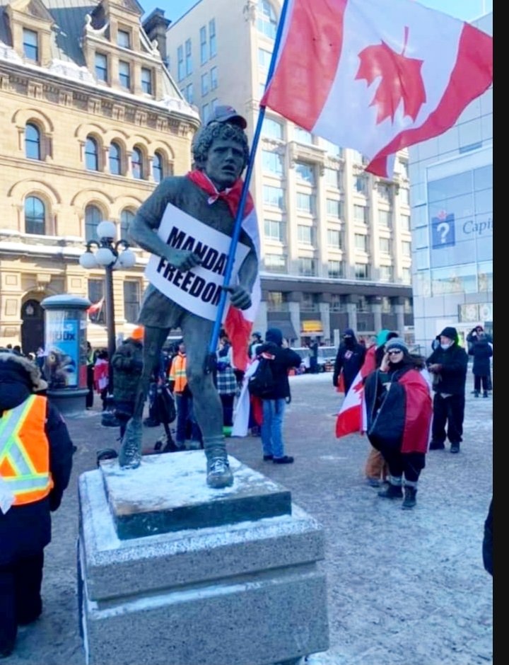 wanderwithodin's tweet photo. THIS is what the did to Canada's beloved and cherished Terry Fox today in Ottawa .  This is disgusting beyond words. These pathetically ignorant truckers and their equally ignorant supporters can go to hell.
#FluTrucksKlan  #KarenConvoy
#TerryFox https://t.co/h4U46aZ3QX