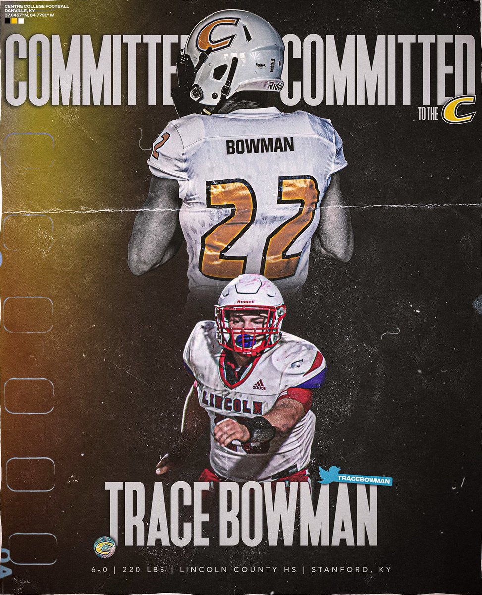 TraceBowman's tweet photo. I’m excited to announce that I have decided to play football and further my education at Centre College. Thank you to Coach Conley, @CoachAndyFrye, @CentreFootball 
#PEV 🟡⚪️ https://t.co/VQDzYWnmbK