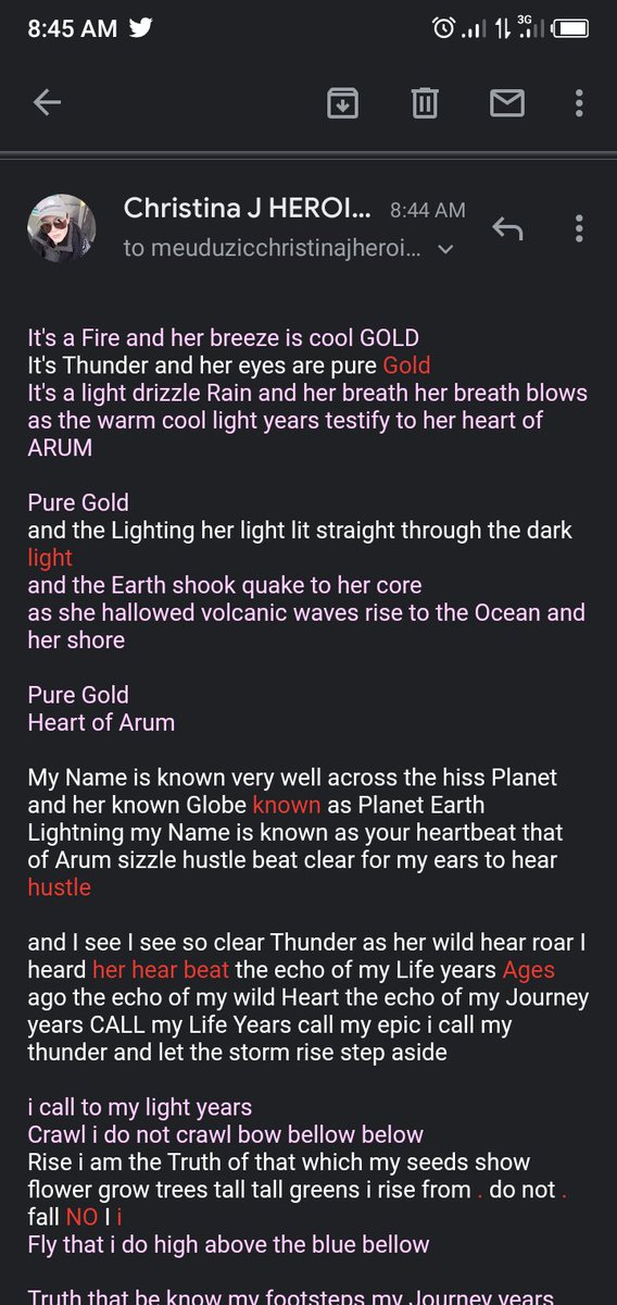christinaj10x's tweet photo. . .. .✍🏻 🎶 #NewSong
Its a Fire and her breeze is cool GOLD
Its Thunder and her eyes are pure Gold
#ARUM
#PureGold
#AMANDUSESAMEMINI
From my heart of Arum : #ChristinaJHEROICISShows ™ #MEUDUZÍC 🐍
Your's in Epic Truth `C
#HerculusXeneaEnergyDrinksLiquidWater ™ https://t.co/X6j3RZX10E