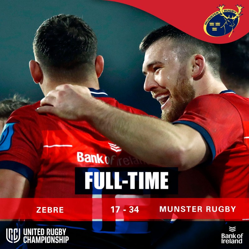 Munsterrugby's tweet photo. FULL-TIME: Zebre 17 - 34 Munster

It's a five-try bonus-point victory on the road in the #URC 💪💪💪

#ZEBvMUN #SUAF 🔴